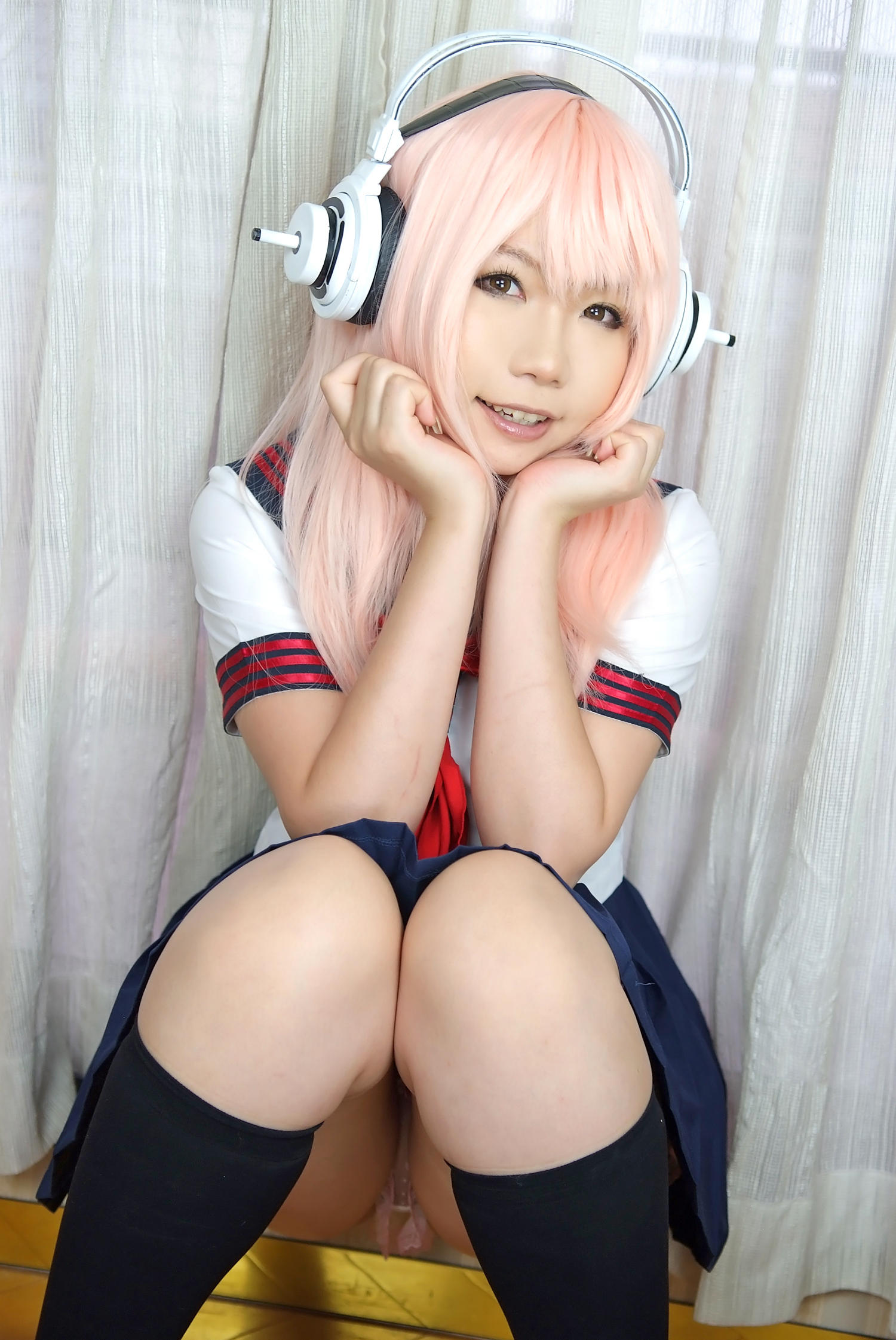 asian breasts female headphones high_heels long_hair pink_hair shoes skirt solo
