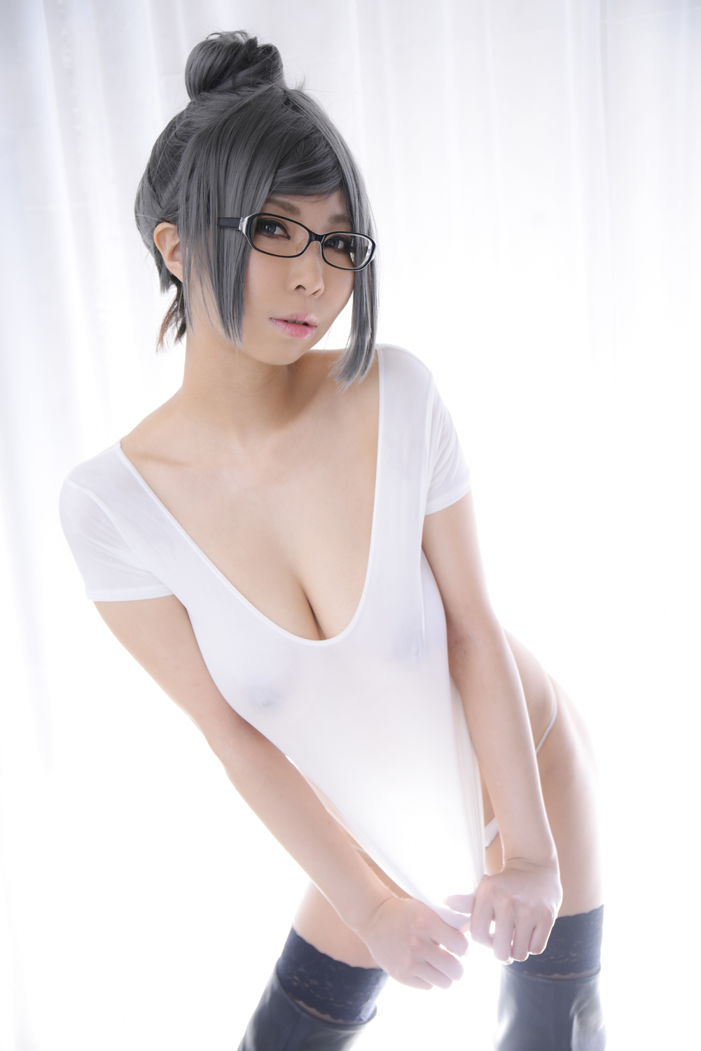 asian breasts cosplay female glasses grey_hair large_breasts long_hair solo