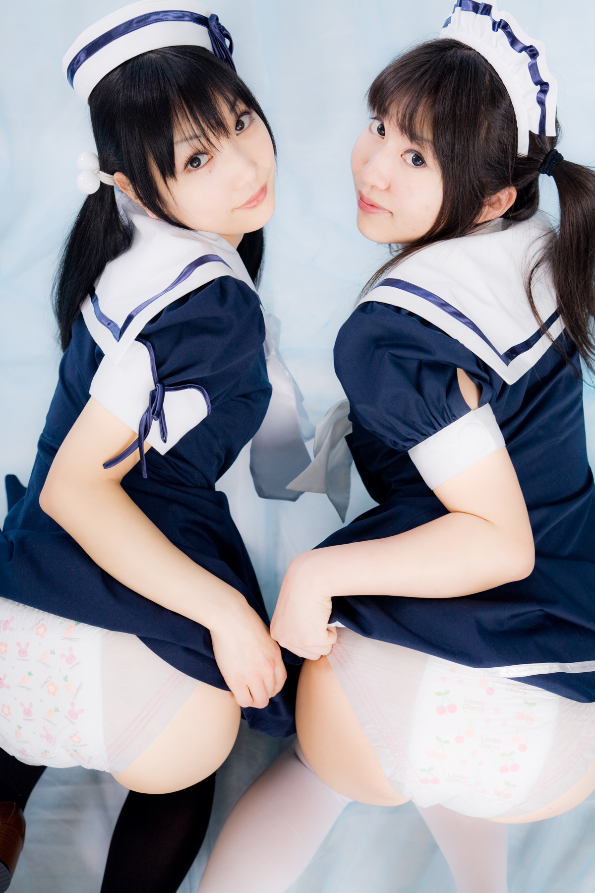 2girls asian ass black_hair breasts diaper female japanese lenfried long_hair multiple_girls solo thighhighs watermark