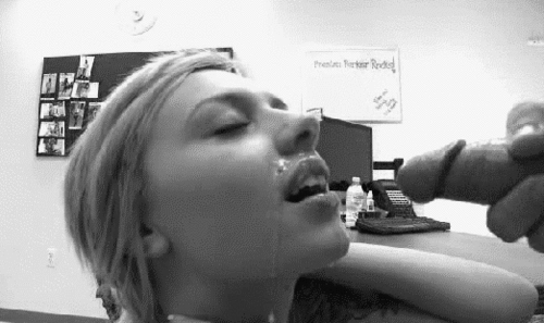 1girl 1spurt animated cum cum_on_face cumshot eyes_closed facial gif holding_hair lip_piercing monochrome penis photo tattoo