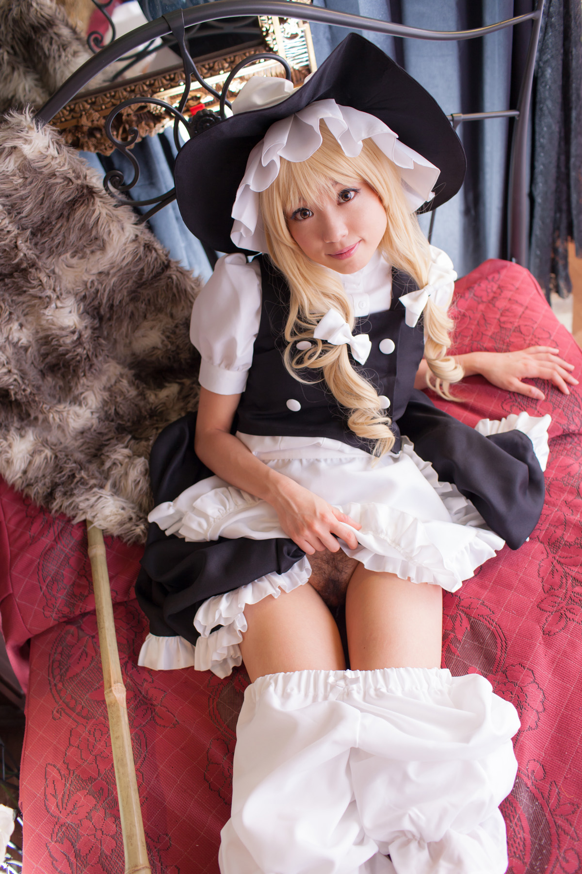 asian bed blonde_hair breasts cosplay dress female hat long_hair pubic_hair shoes socks solo