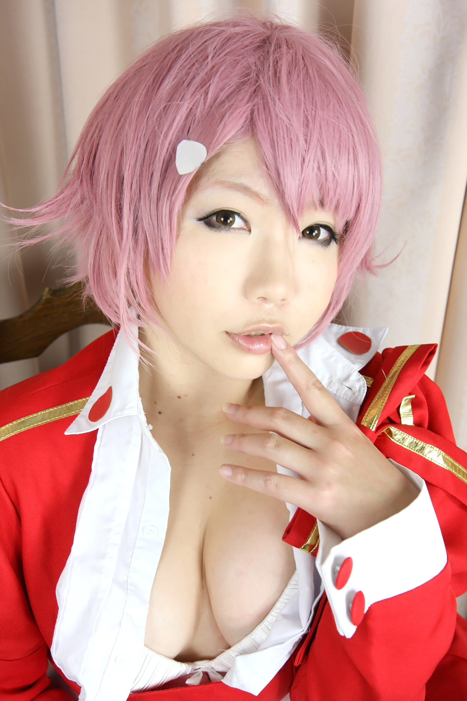 asian boots bra breasts cleavage cosplay dress female finger_to_mouth high_heels pink_hair short_hair solo