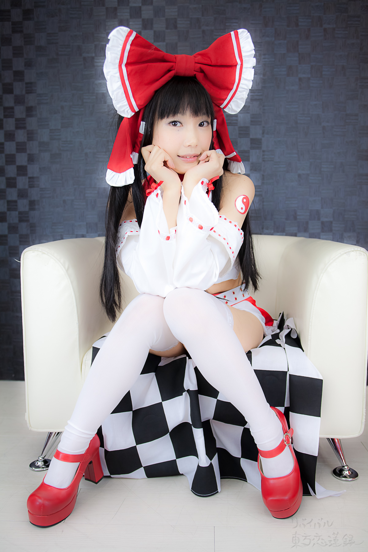 asian belt black_hair breasts cosplay female high_heels long_hair midriff shoes solo thighhighs