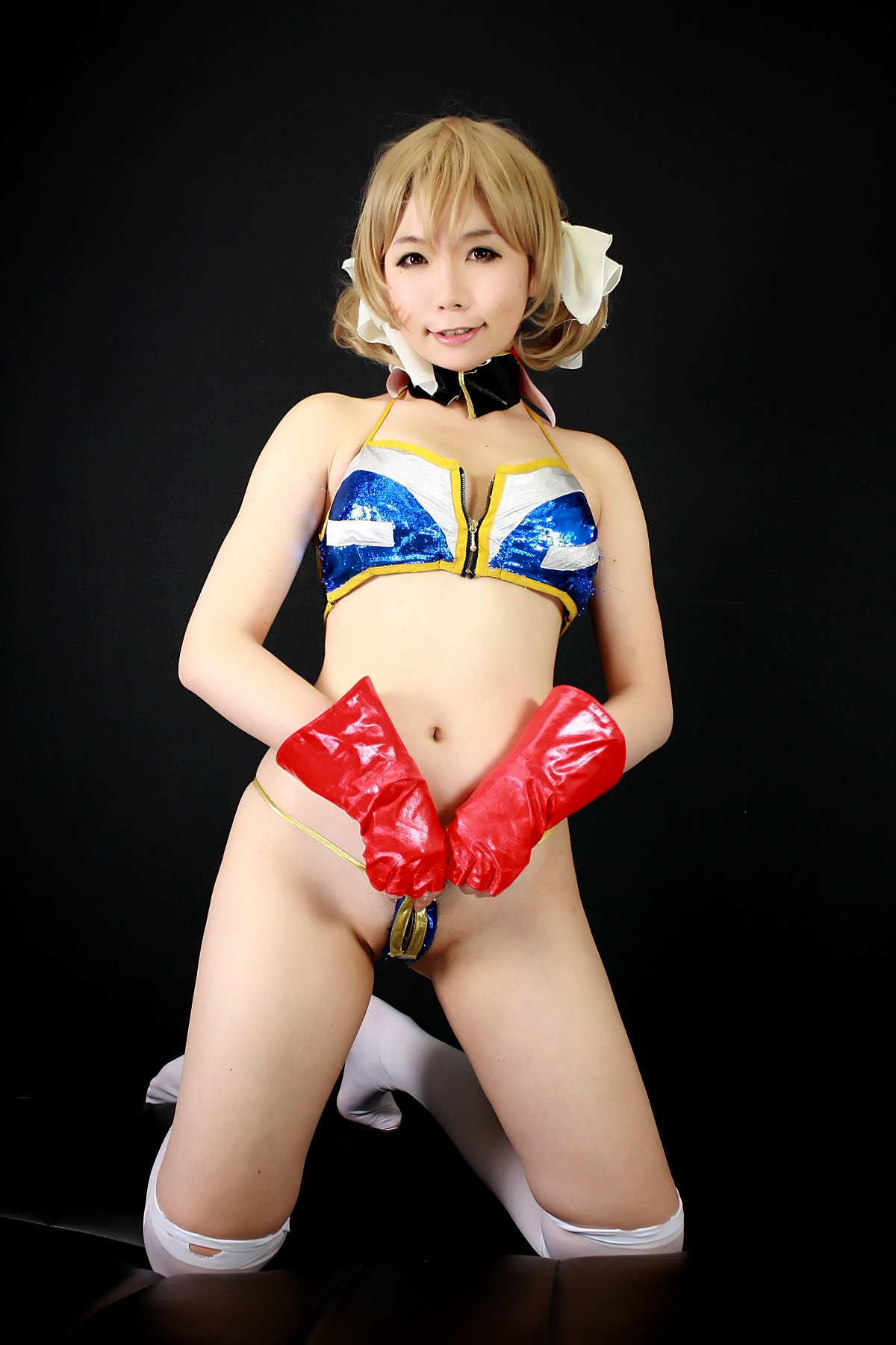 asian blonde_hair breasts female gloves pigtails short_hair solo
