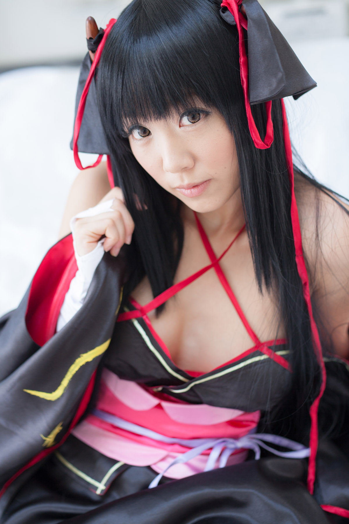 asian bare_shoulders black_hair breasts cosplay dress female long_hair shoes socks solo