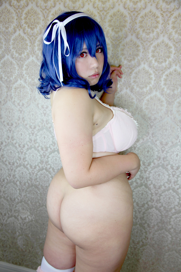 ass blue_hair breasts chouzuki_maryou female huge_ass huge_breasts long_hair looking_back skirt solo thighhighs watermark