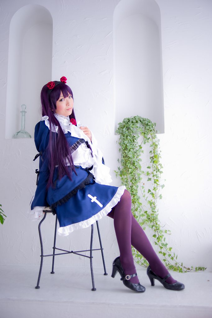 asian breasts cosplay dress female hairband high_heels large_breasts long_hair pantyhose purple_hair shoes solo