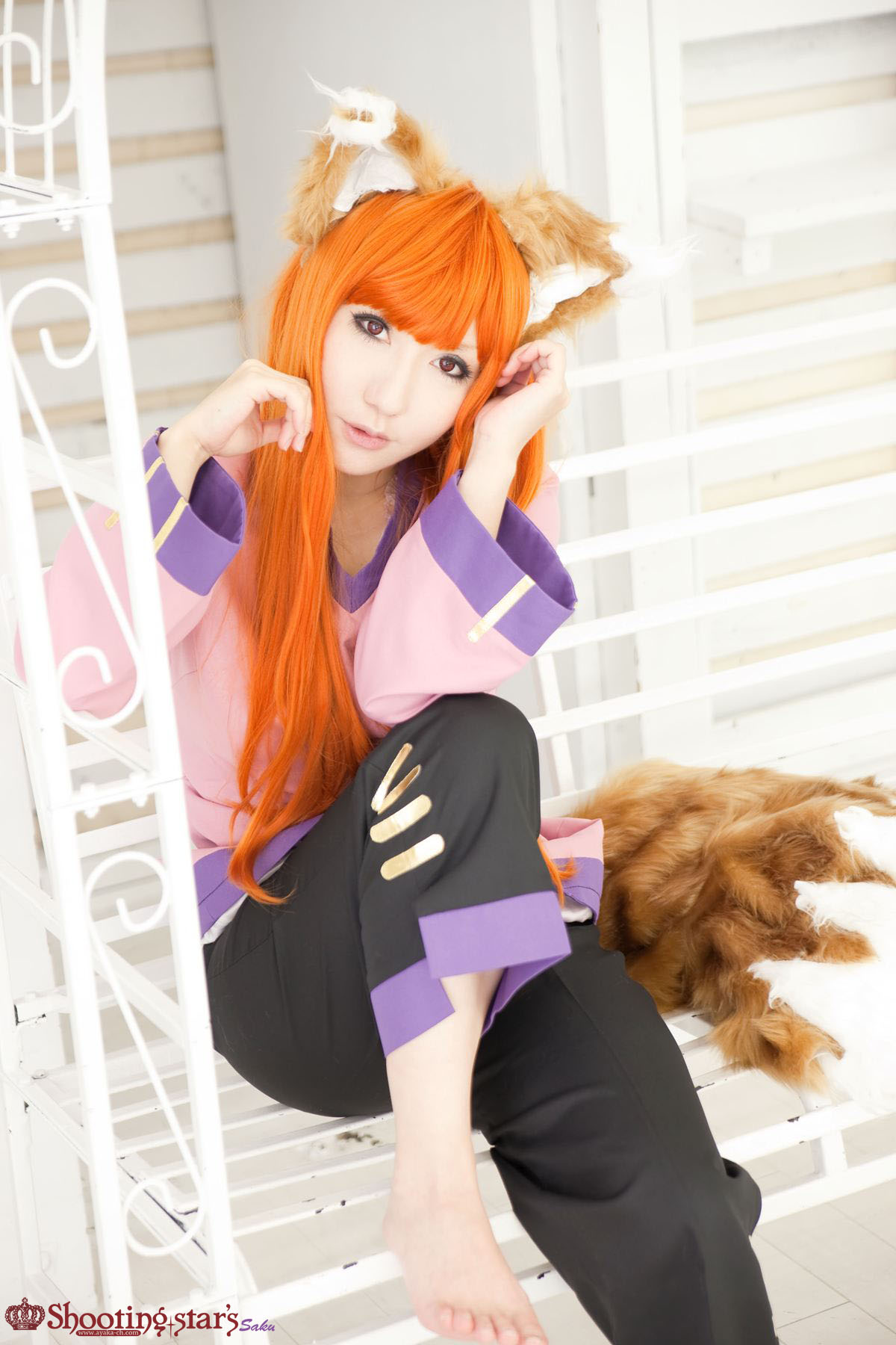 animal_ears asian breasts cosplay female long_hair orange_hair shooting_star solo watermark