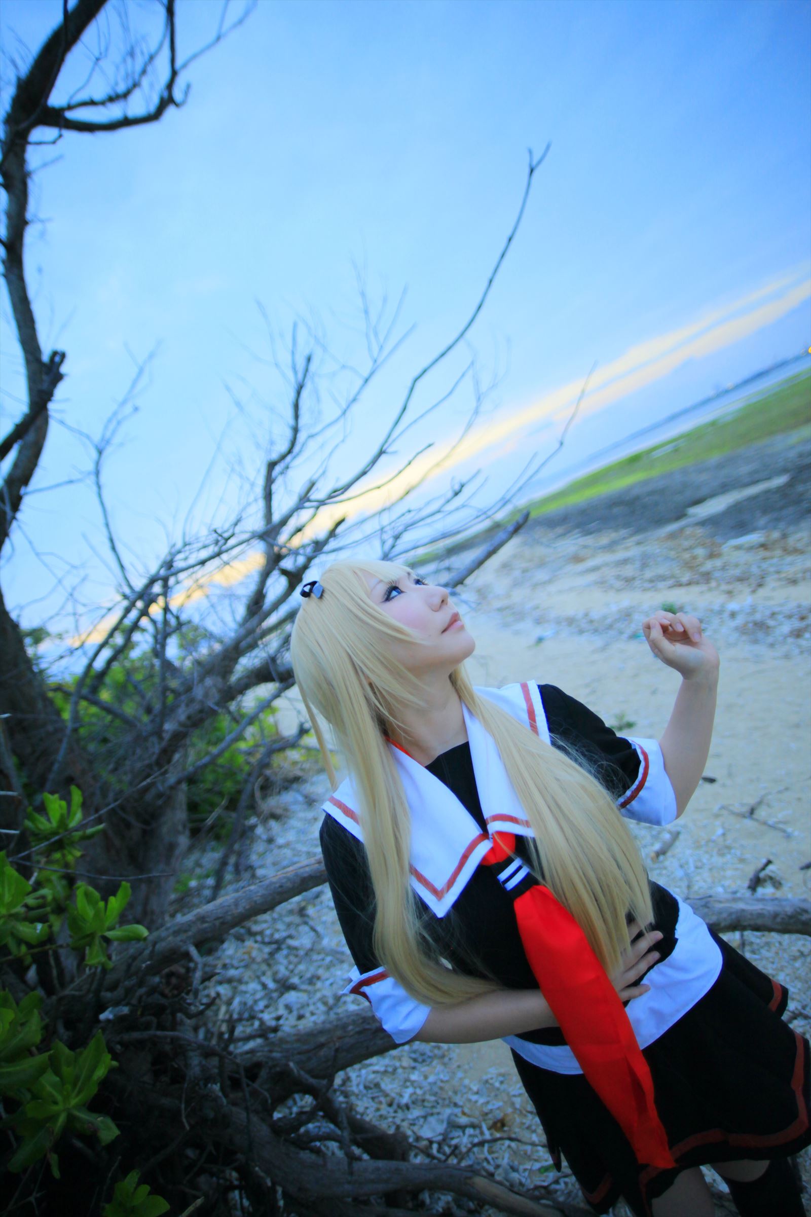 asian blonde_hair breasts cosplay female large_breasts long_hair shooting_star solo
