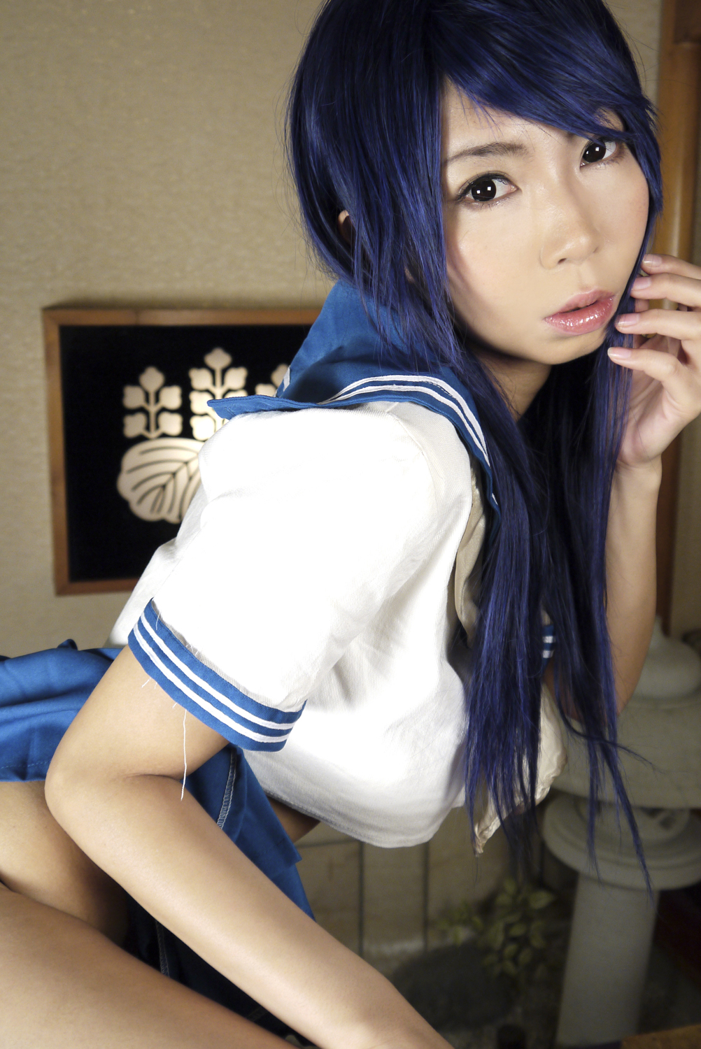 ashiya_noriko asian blue_hair breasts female large_breasts long_hair navel shoes socks solo