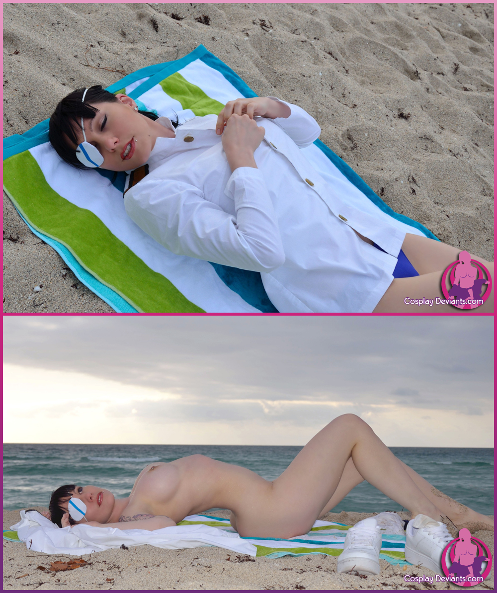 1girl cosplay cosplaydeviants eyepatch female female_only nude sakamoto_mio solo strike_witches sunbathing
