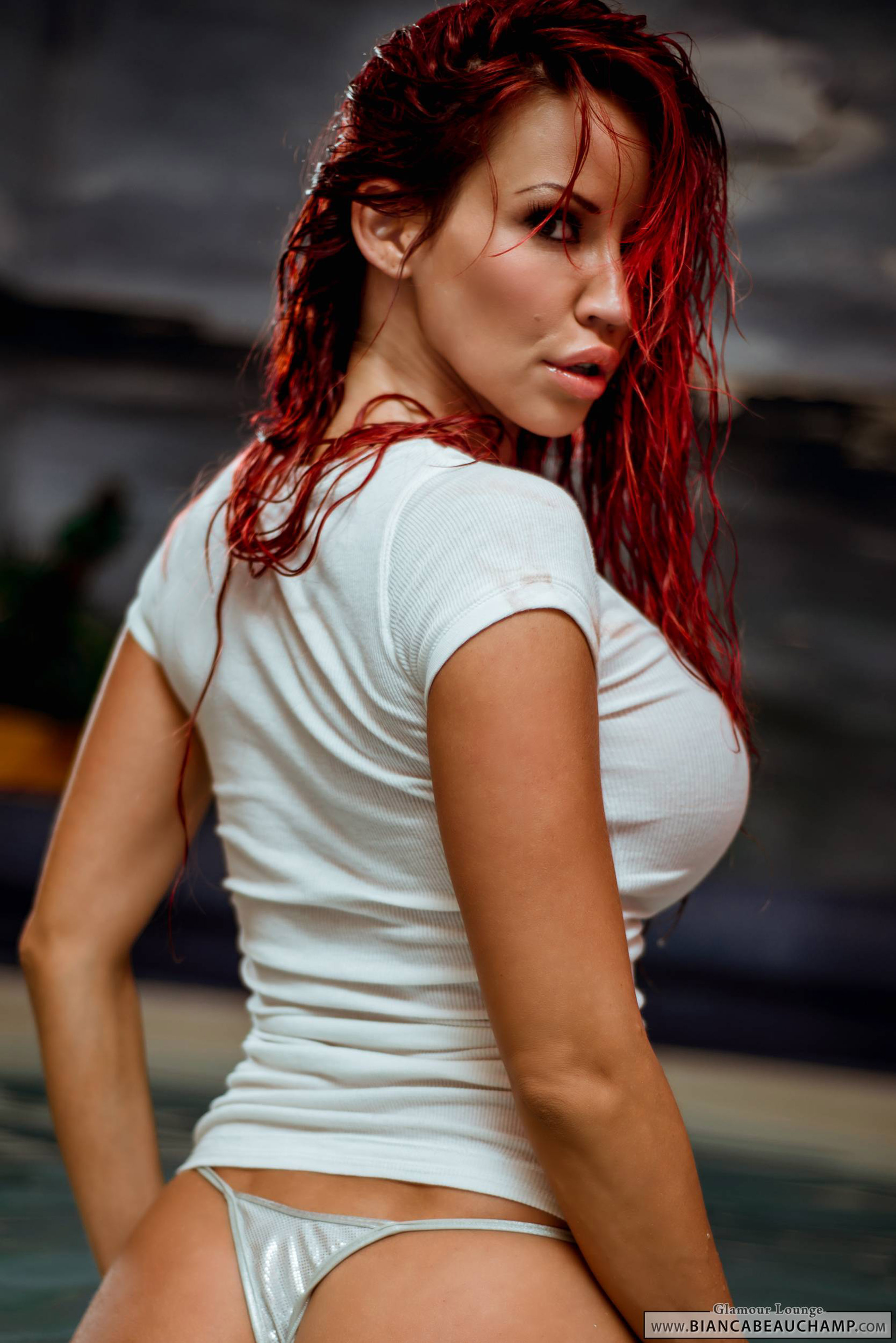 ass bianca_beauchamp breasts erect_nipples female large_breasts long_hair looking_back nipples panties red_hair see-through shirt solo water watermark wet