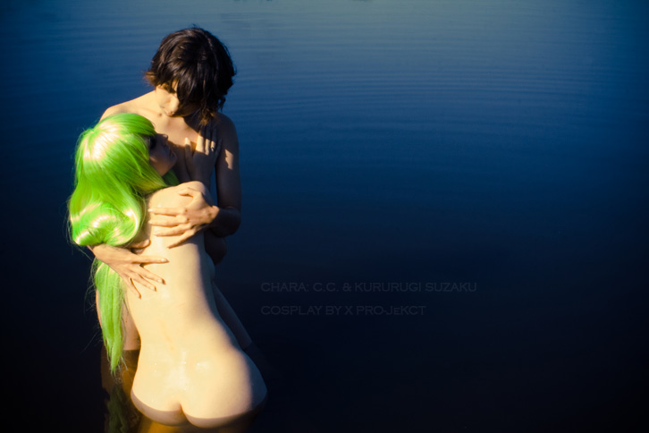 airbrushed ass c.c. cc code_geass cosplay green_hair hug kururugi_suzako kururugi_suzaku love nude wading