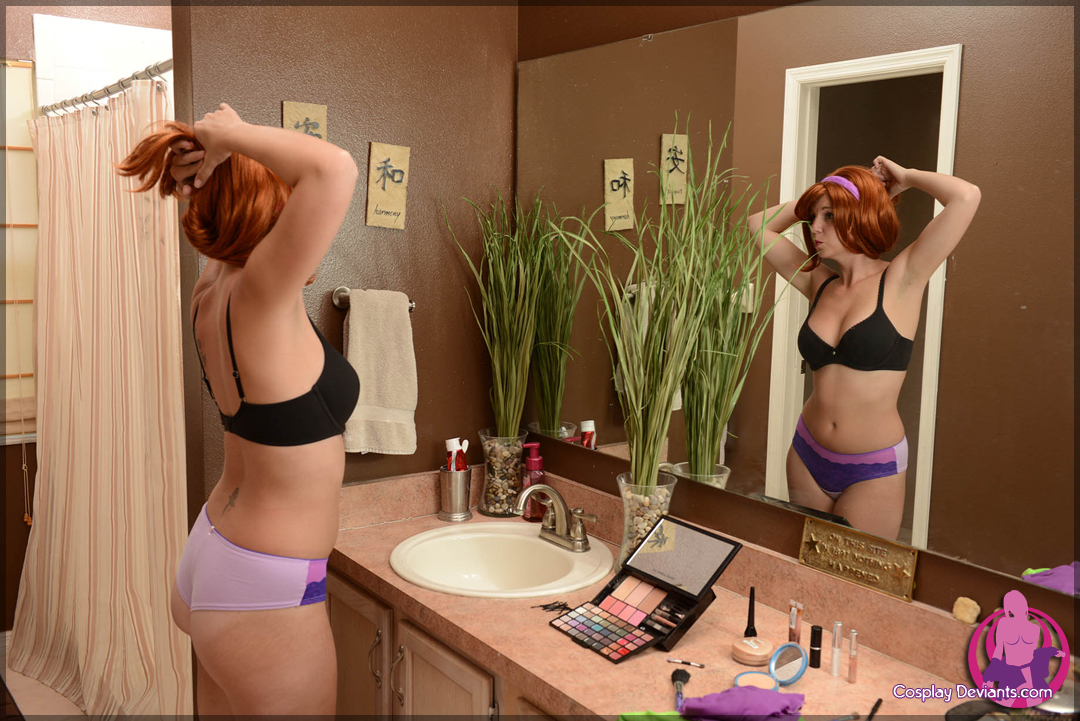 breasts cosplay female hairband long_hair orange_hair solo watermark