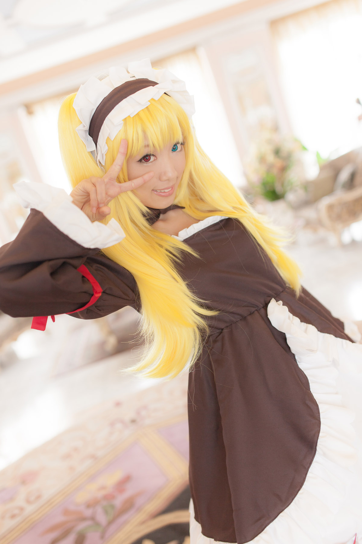 asian blonde_hair breasts cosplay dress female high_heels large_breasts long_hair shoes solo thighhighs twintails