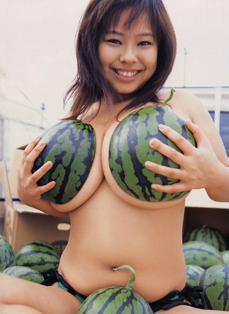 asian bikini bra breasts covering_breasts female food_on_breasts fuko fuko_love hands_on_breasts melons photo sitting smile