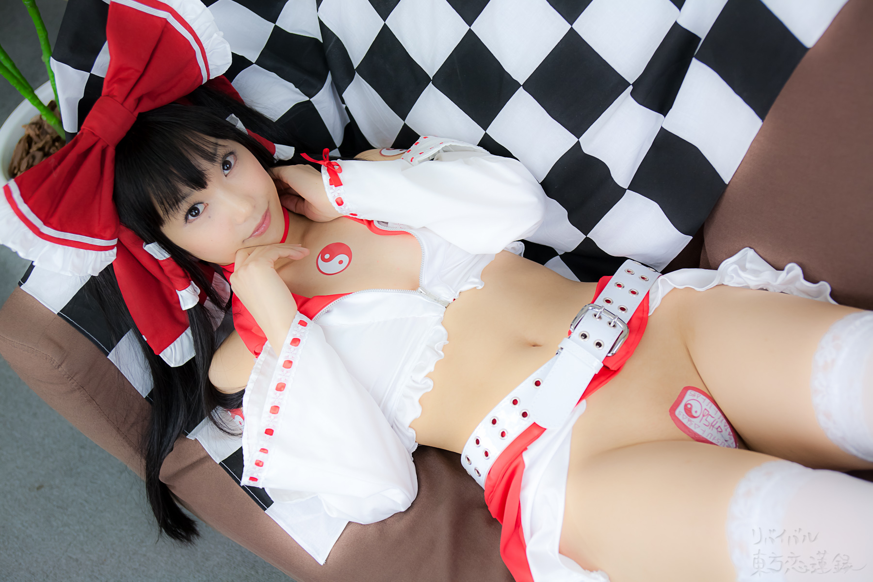 asian belt black_hair breasts cosplay female high_heels long_hair midriff shoes solo thighhighs