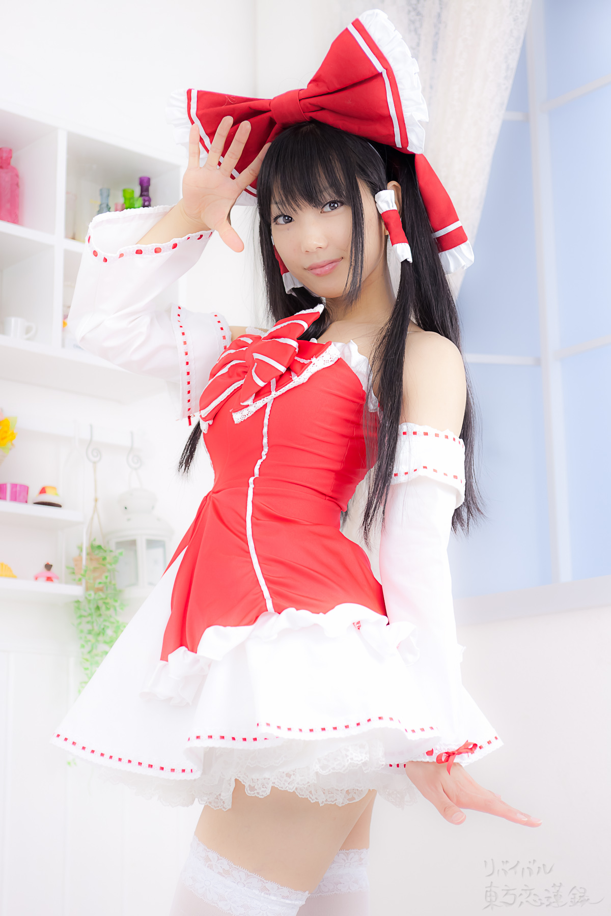 asian black_hair breasts cosplay dress female long_hair shoes solo thighhighs