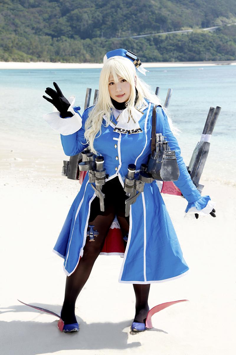 asian atago_(kantai_collection) beach blonde_hair breasts chouzuki_maryou cosplay female gloves hat huge_breasts kantai_collection long_hair pantyhose shoes solo water watermark weapon