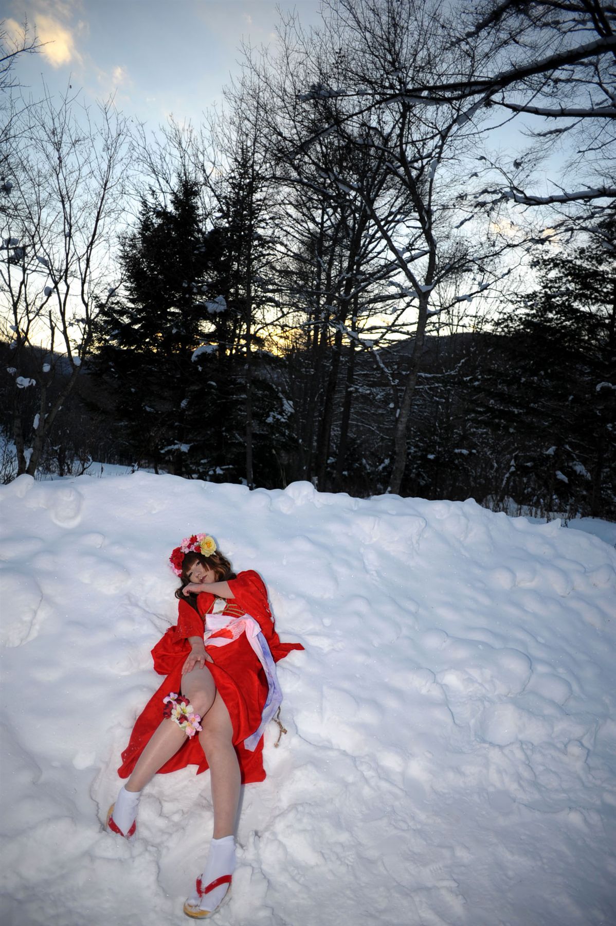 asian breasts brown_hair cosplay female long_hair lying outside sandals shoes shooting_star snow socks solo watermark