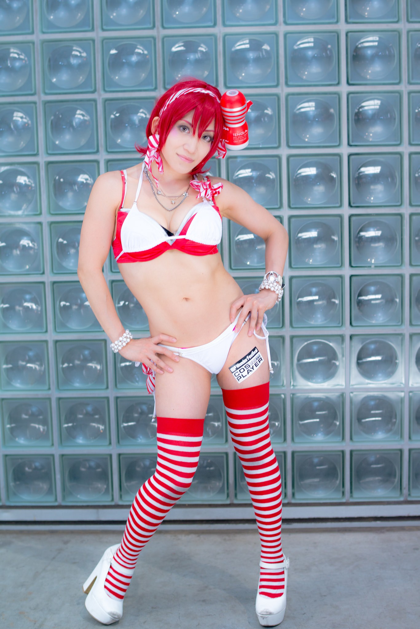 asian bra breasts cleavage cosplay female midriff navel necklace panties red_hair short_hair solo thighhighs