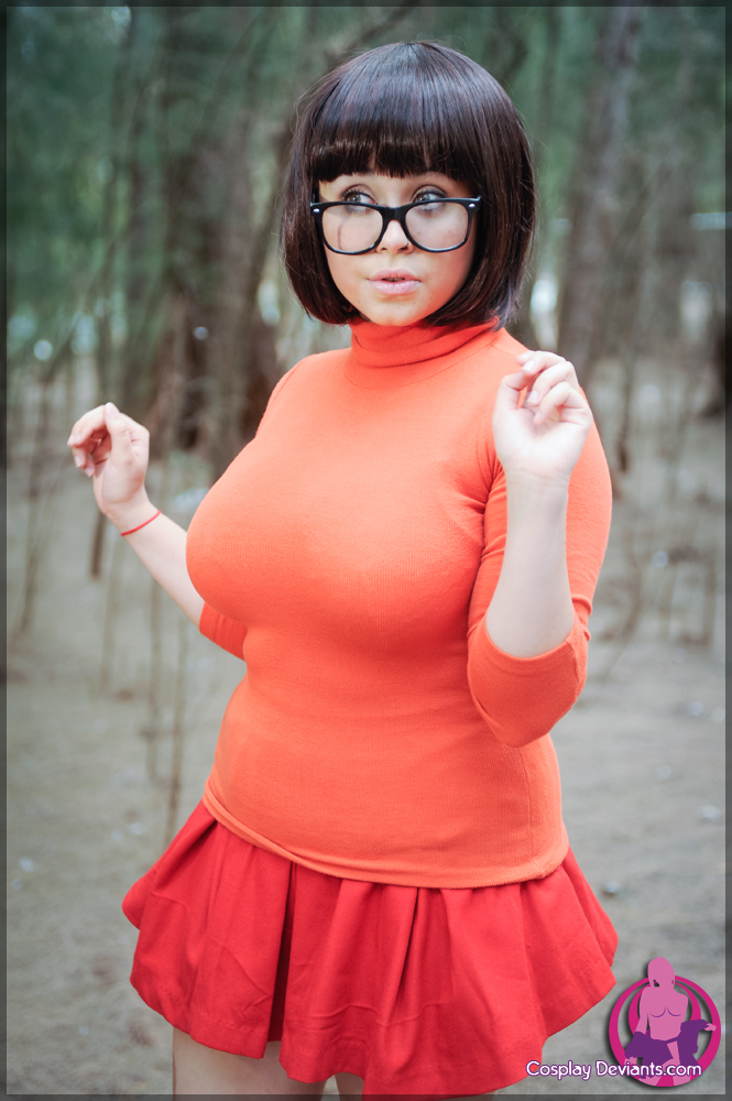 breasts brown_hair cosplay female glasses large_breasts long_hair outside solo watermark