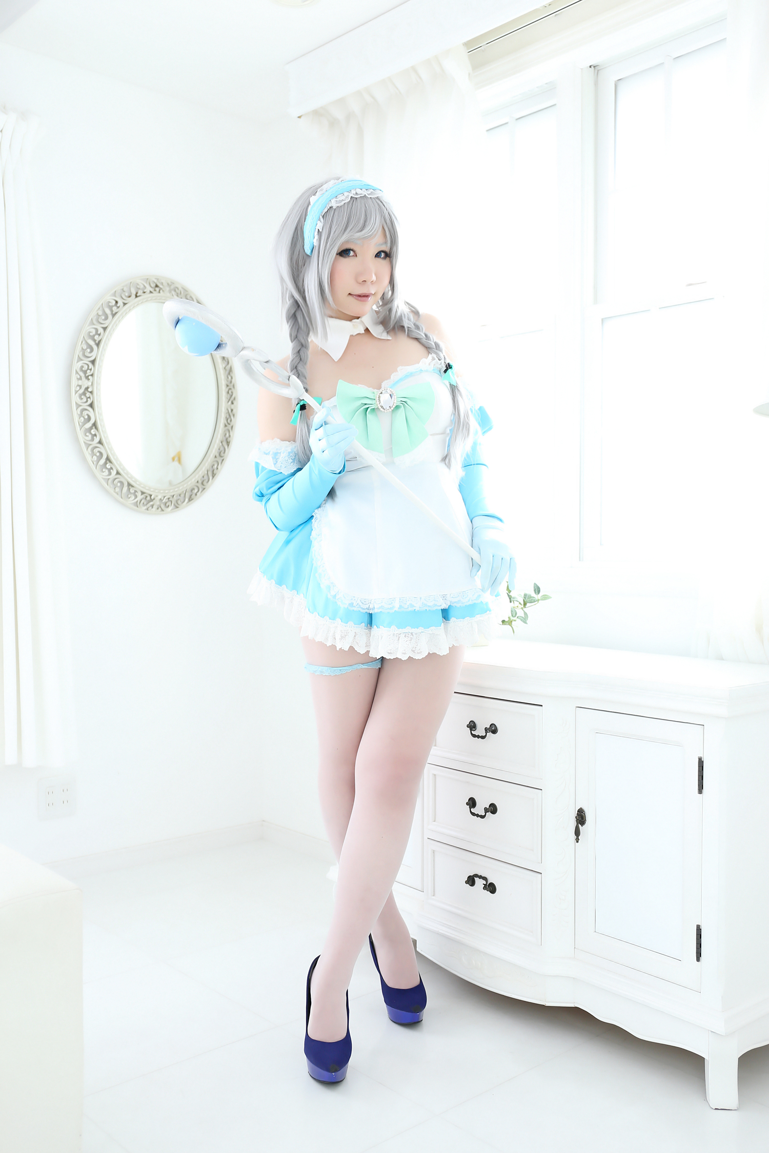 asian breasts cosplay dress female gloves gray_hair high_heels long_hair shoes solo thighhighs