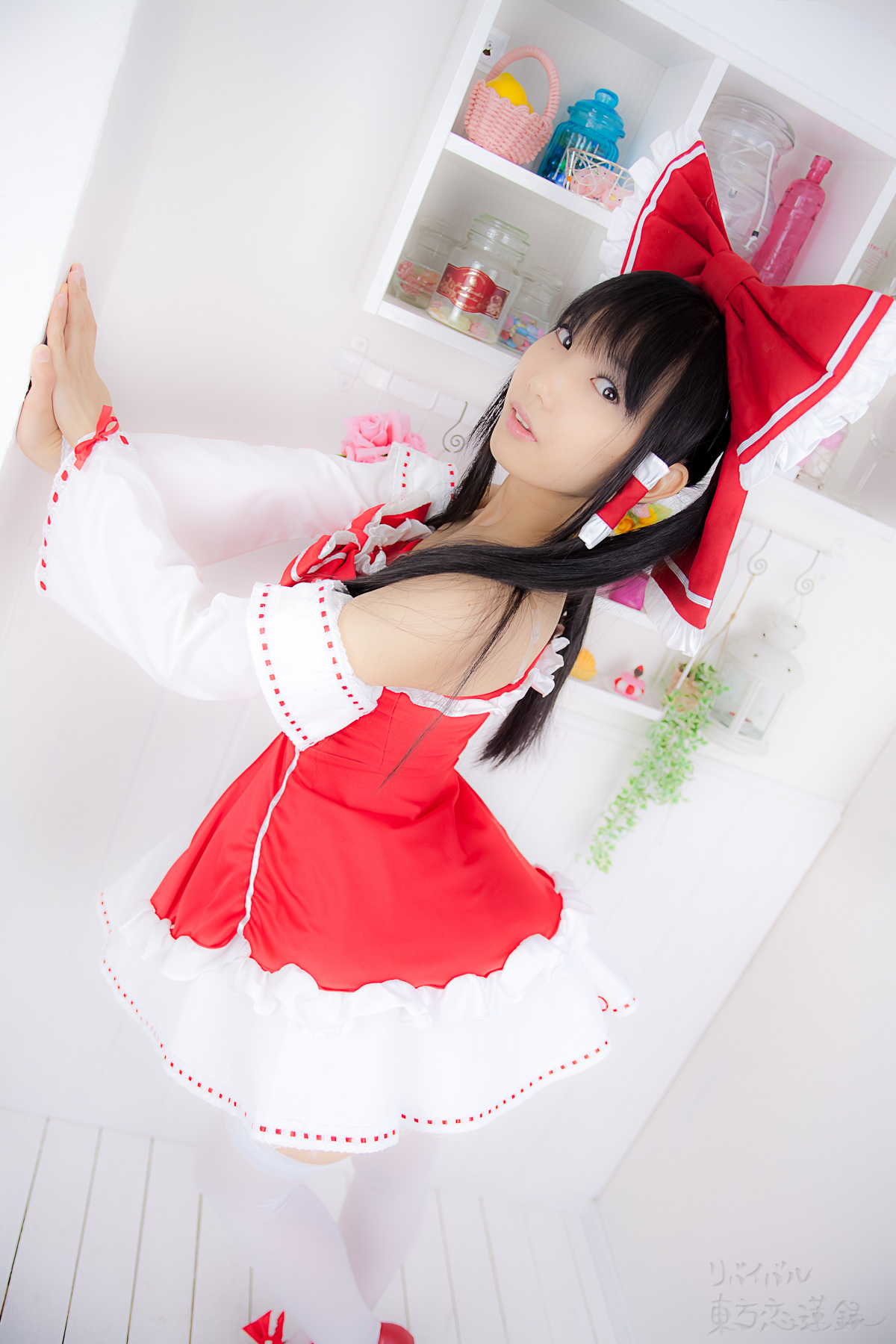 asian black_hair breasts cosplay dress female long_hair shoes solo thighhighs