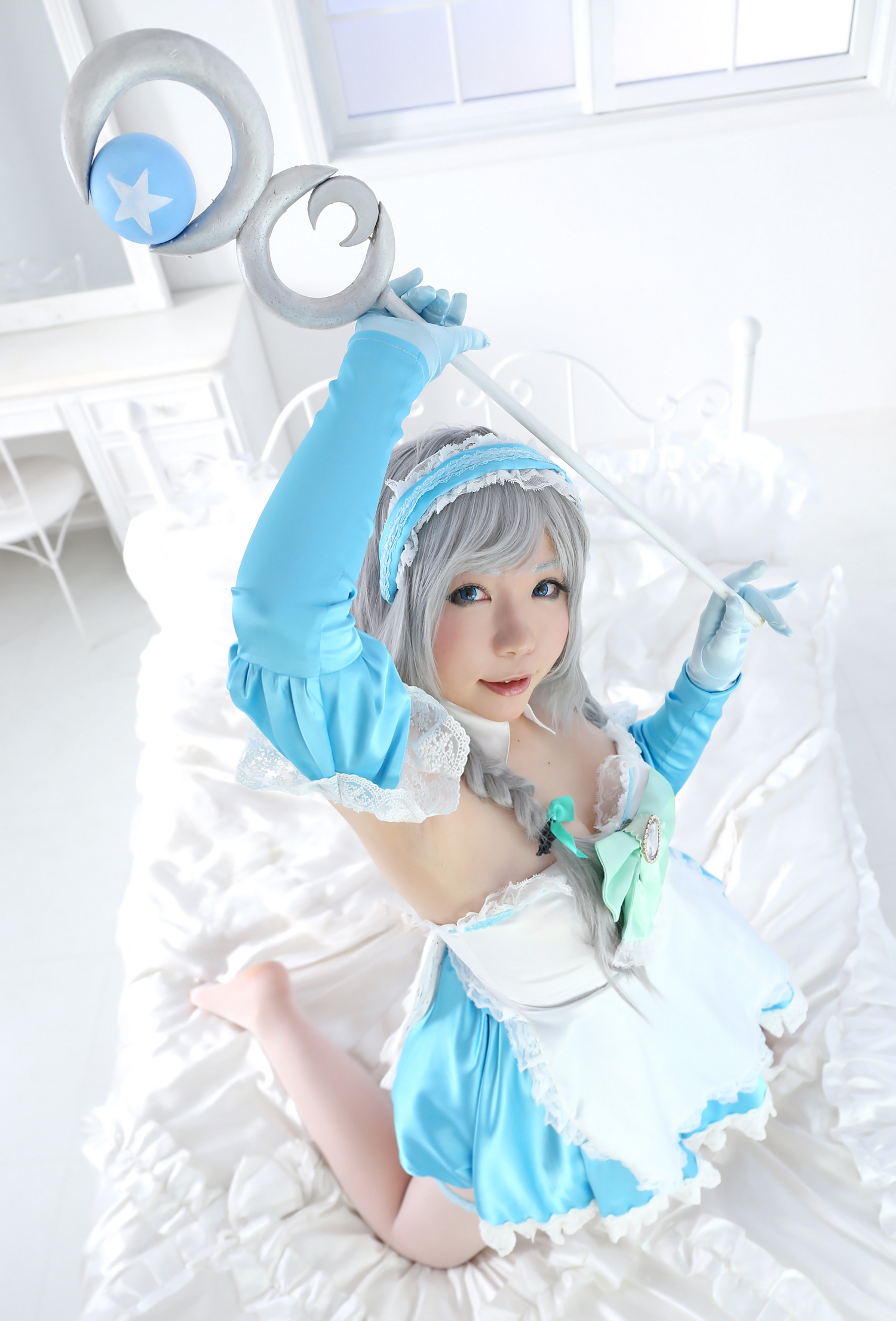 asian breasts cosplay dress female gloves gray_hair high_heels long_hair shoes solo thighhighs