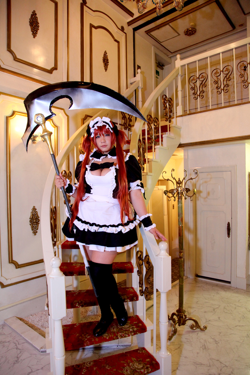 asian breasts chouzuki_maryou dress female huge_breasts long_hair maid plump red_hair scythe shoes socks solo stairs weapon
