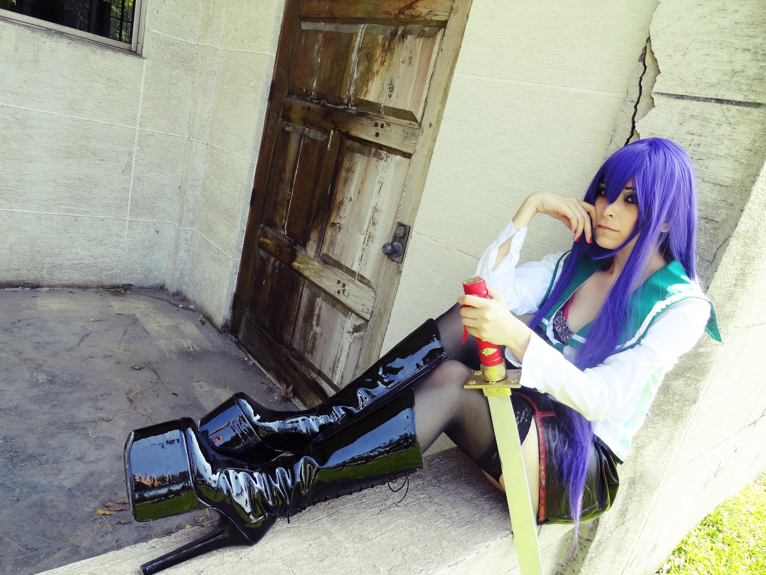asian boots female garter_belt high_heels long_hair makeup purple_hair skirt solo sword thighhighs