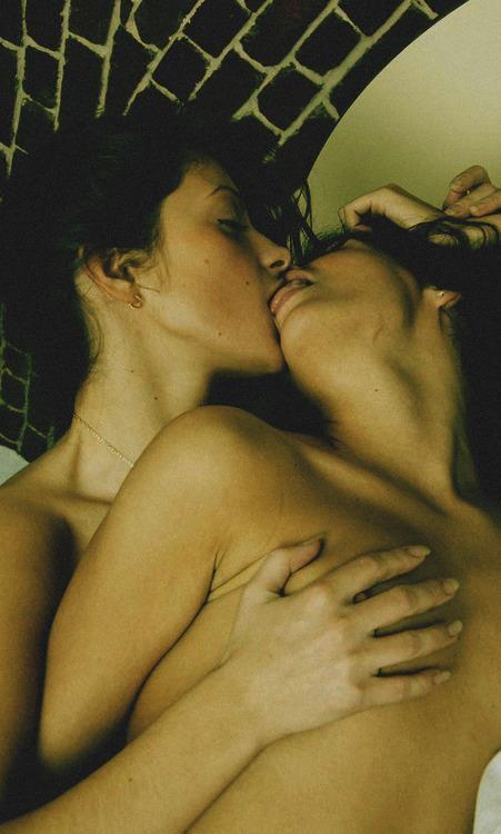 2girls arms black_hair breast_grab breasts closed_eyes earrings female female_only from_behind hair jewelry kissing lesbian long_hair multiple_girls neck necklace nipples nude photo real_person sex tongue