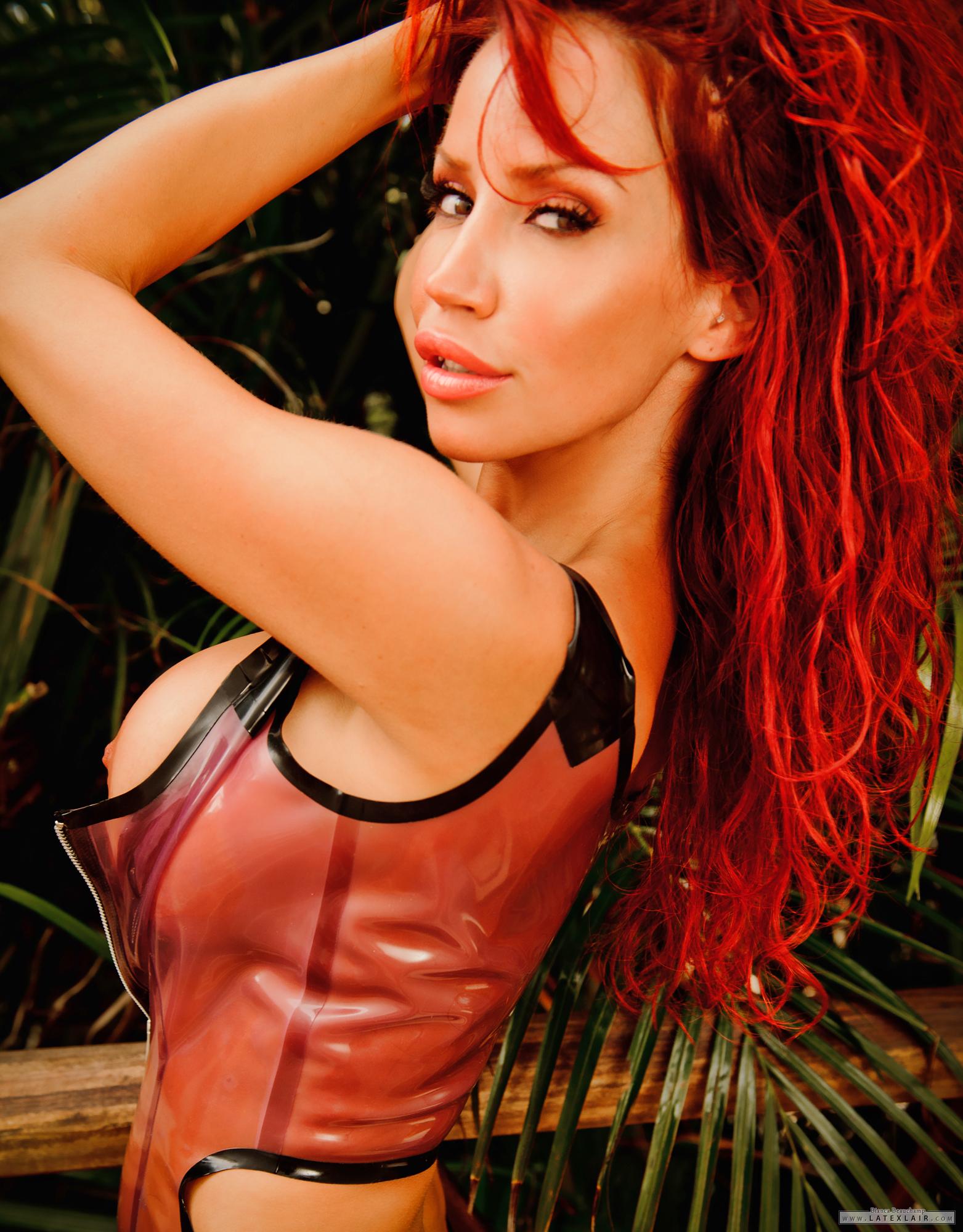 bianca_beauchamp breasts erect_nipples female large_breasts latex long_hair nipples outside red_hair see-through solo stairs swimsuit watermark