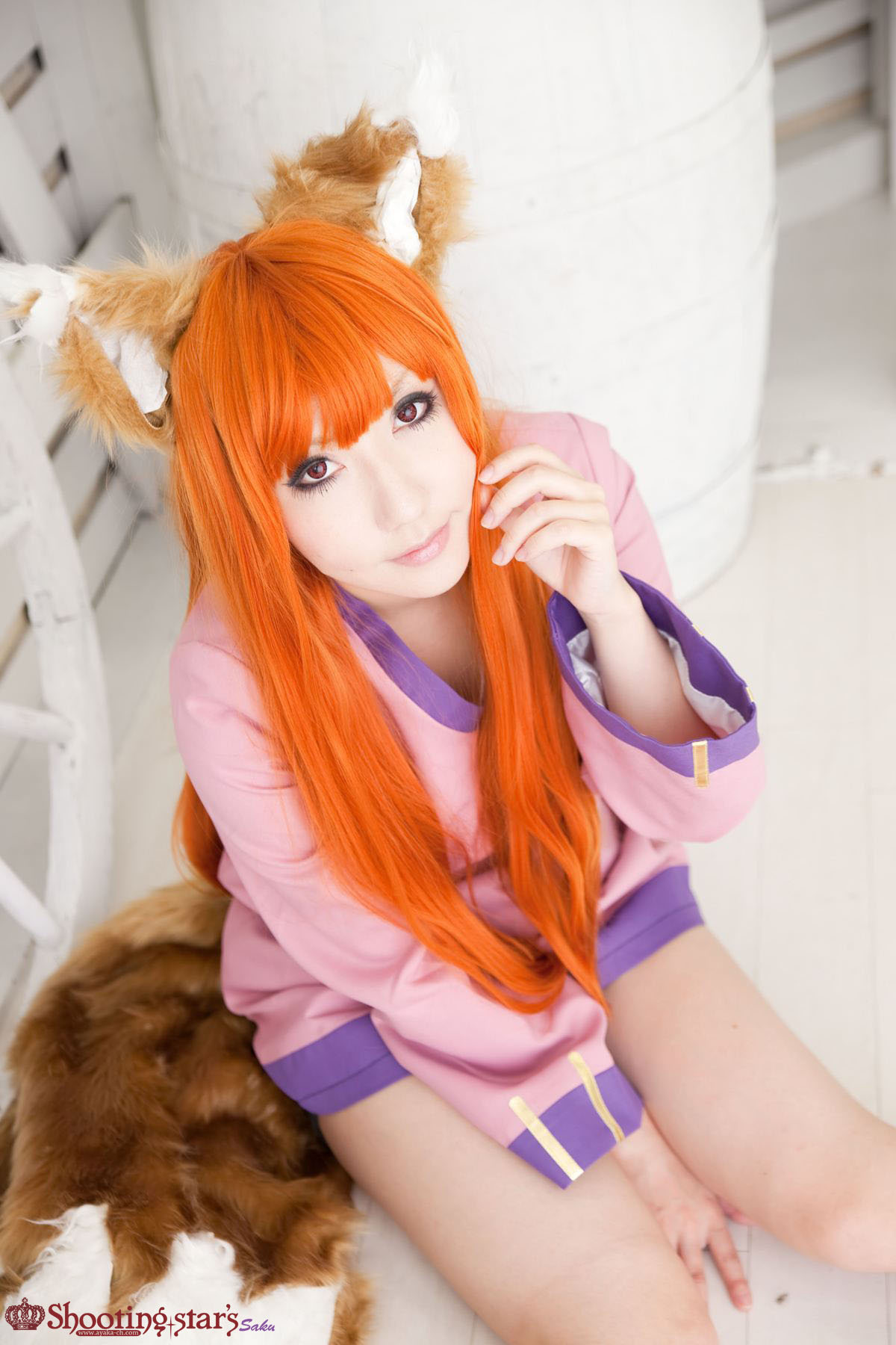 animal_ears asian breasts cosplay female long_hair orange_hair shooting_star solo watermark