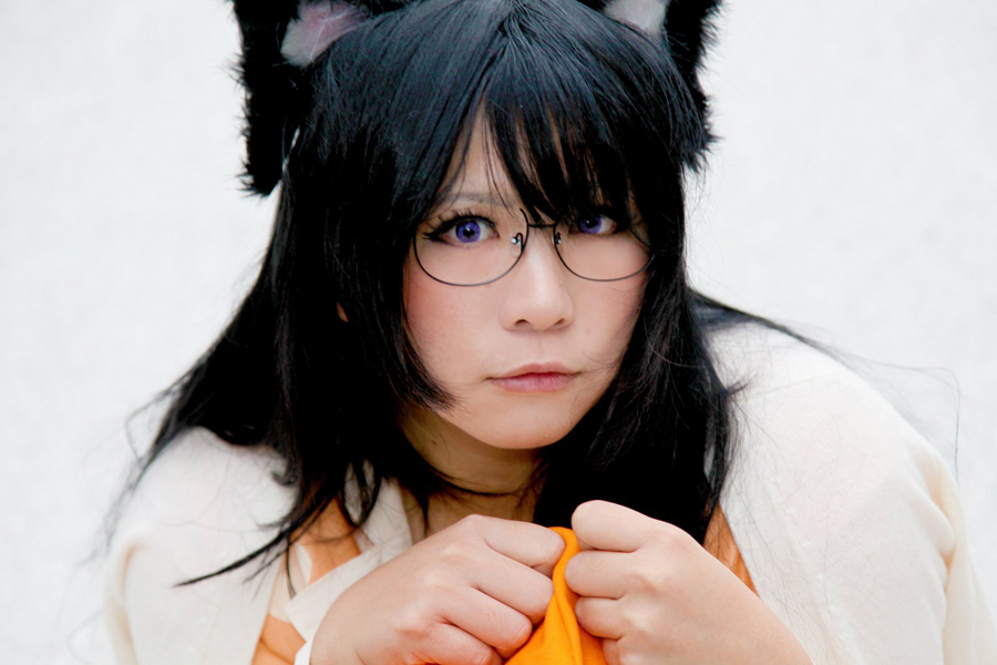 animal_ears asian black_hair breasts chouzuki_maryou cosplay female glasses hat huge_breasts long_hair outside pajamas solo