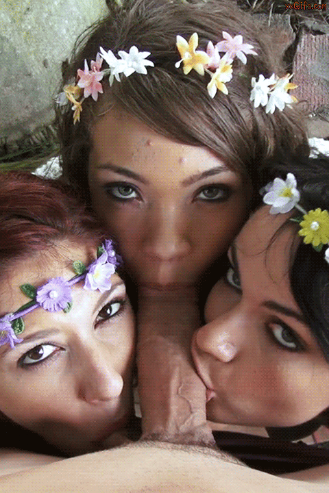 1boy 3girls alexis_blaze animated ashlyn_molloy black_hair blue_eyes brown_eyes brown_hair cassidy_banks collaborative_oral eye_contact female flowers foursome gif ginger green_eyes male oral petite pov red_hair seductive_eyes sucking_testicles