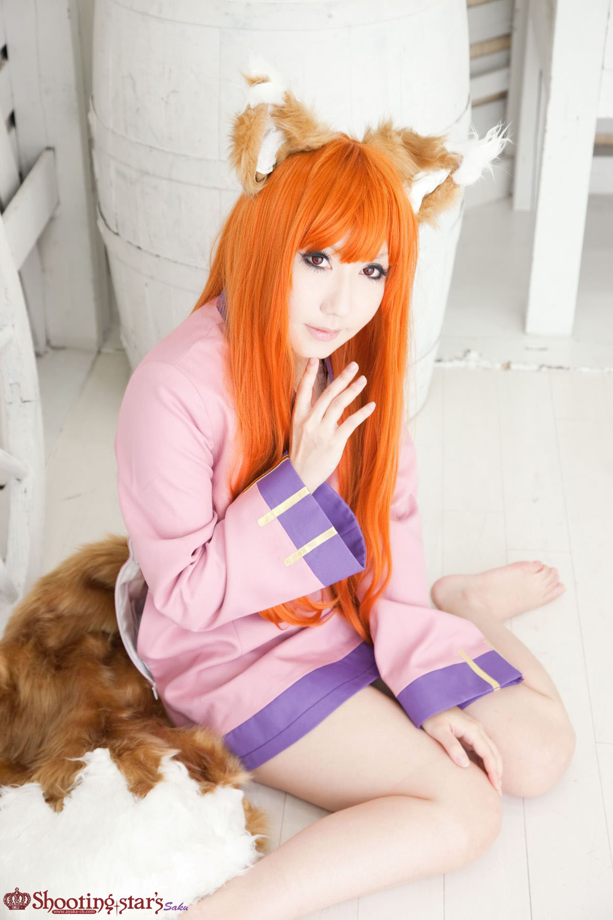 animal_ears asian breasts cosplay female long_hair orange_hair shooting_star solo watermark