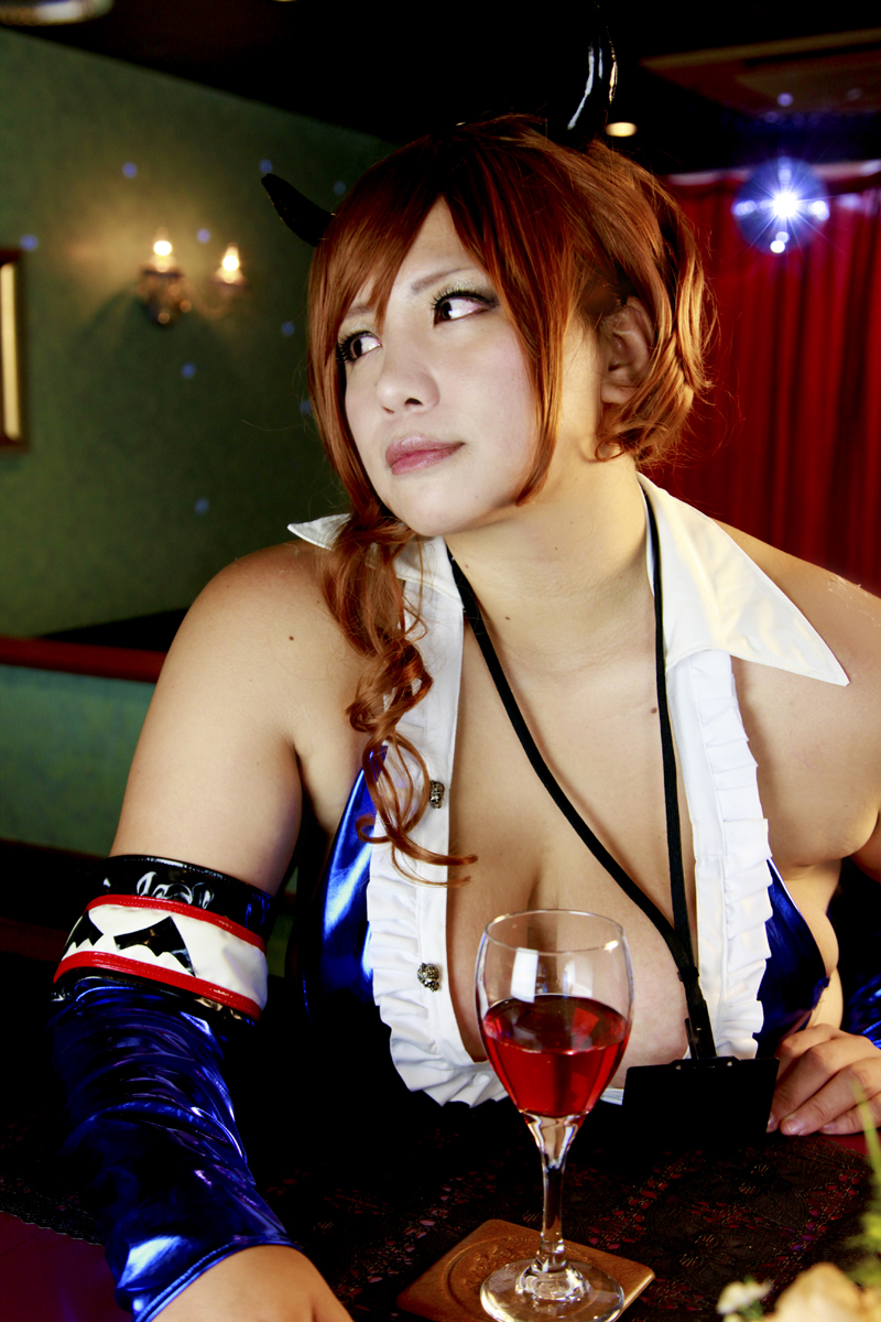 breasts brown_hair chouzuki_maryou cosplay female horns huge_breasts long_hair solo watermark