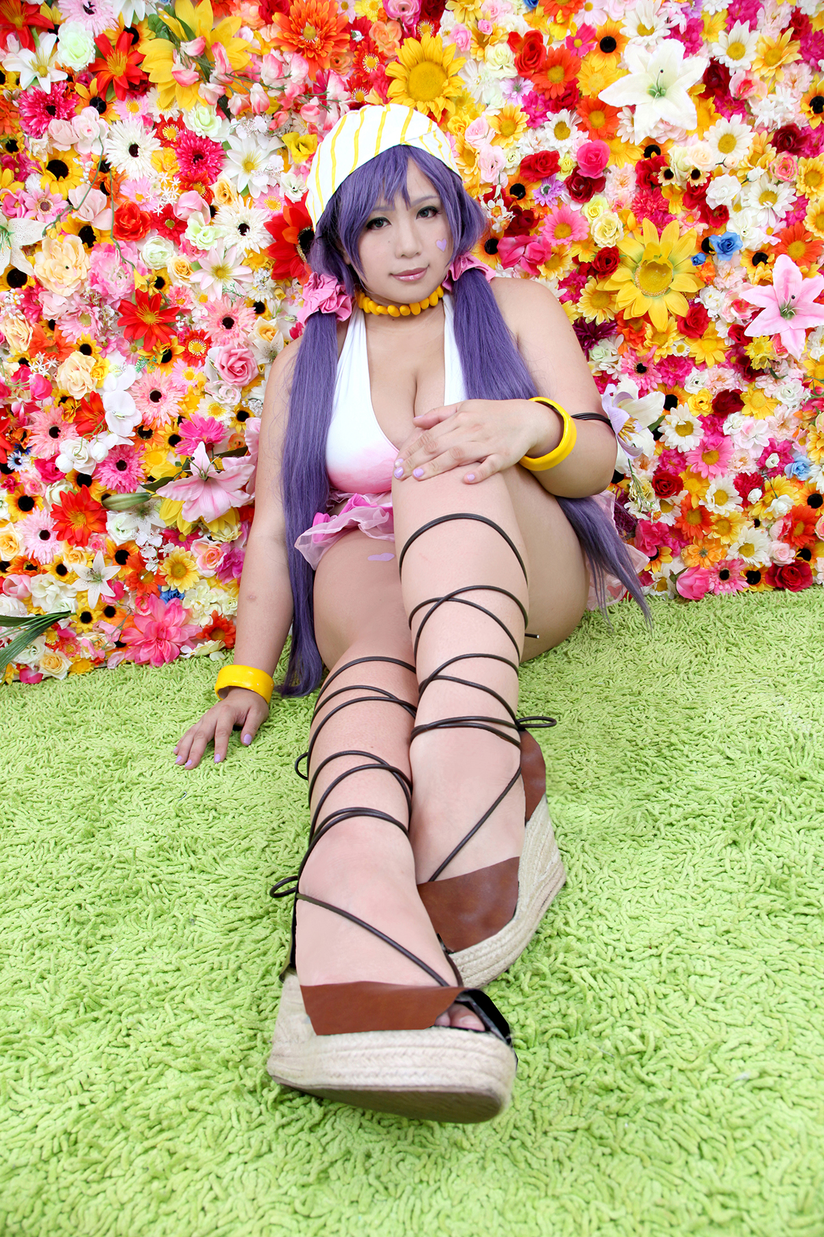 asian breasts chouzuki_maryou cleavage female hat huge_breasts long_hair pigtails plump purple_hair shoes solo watermark