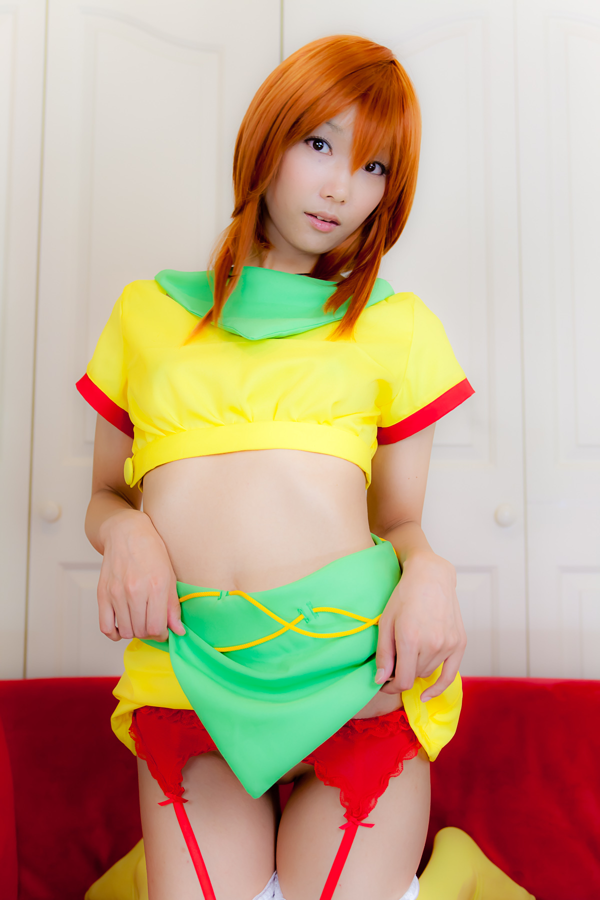 asian breasts cosplay female garter_belt long_hair midriff necklace orange_hair panties skirt solo thighhighs