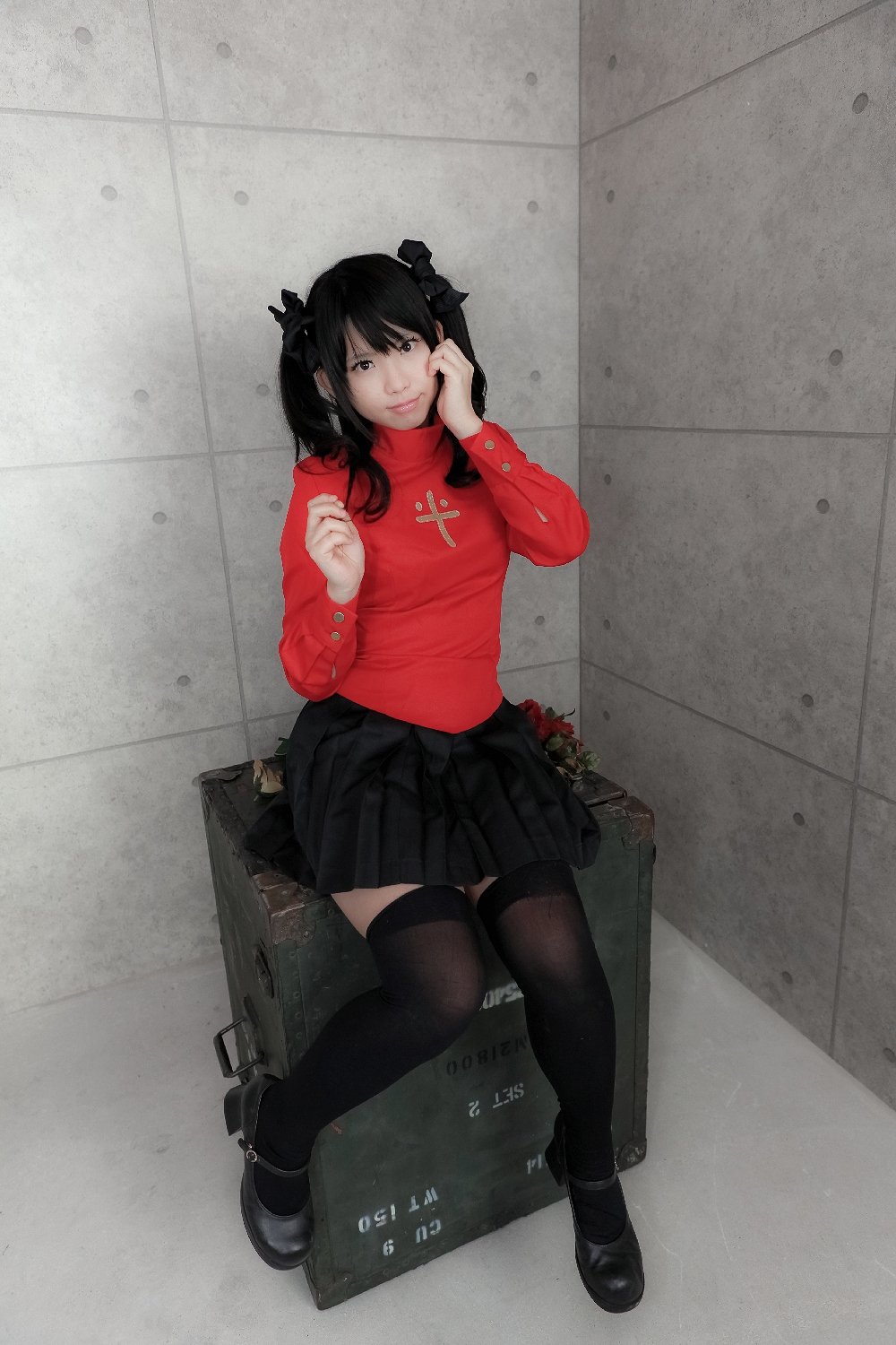 asian black_hair breasts cosplay enako female high_heels long_hair pigtails shoes skirt solo thighhighs