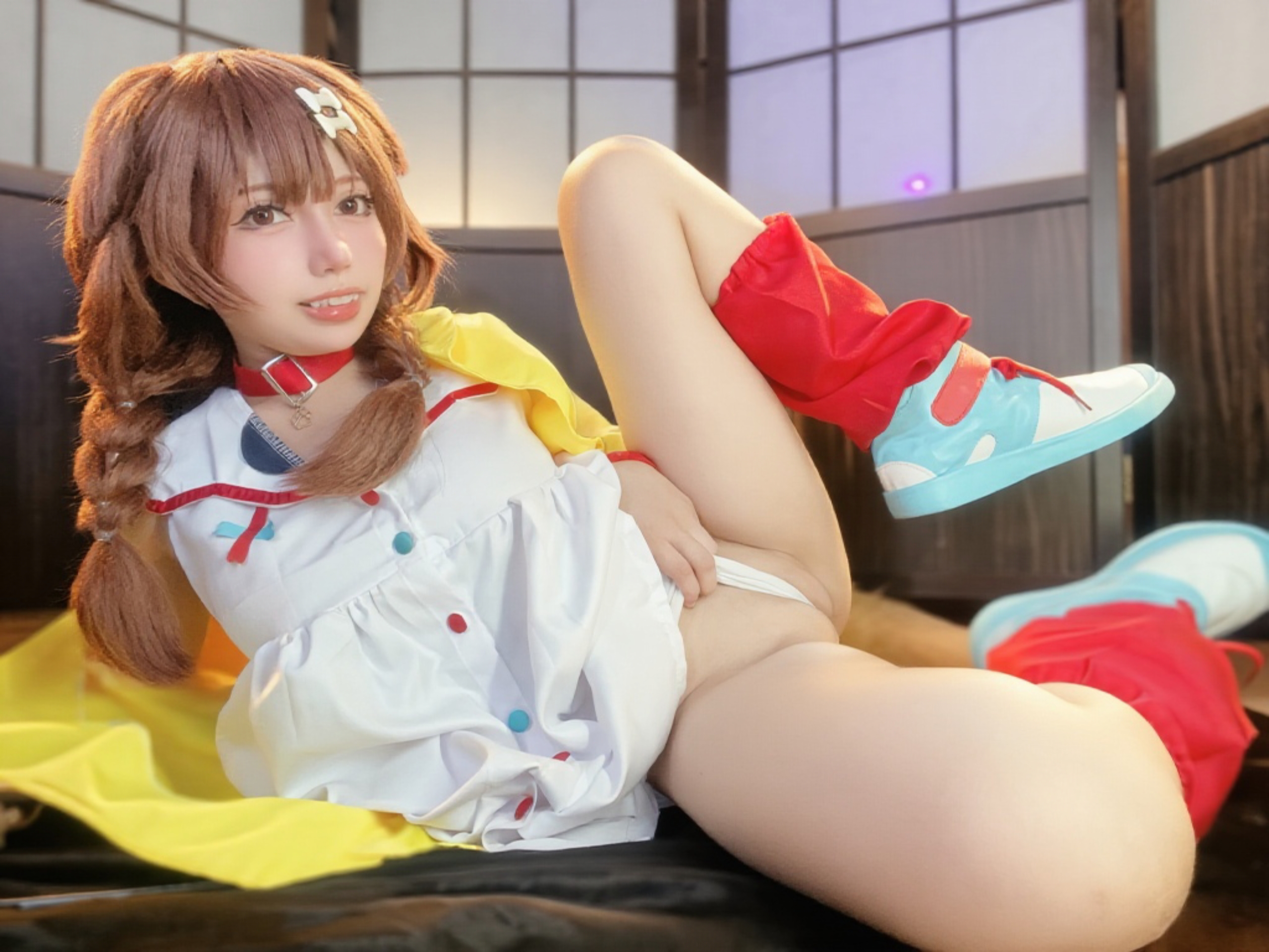 collar cosplay dog_ears frontal_wedgie hair_ornament hellhmv hololive inugami_korone partially_clothed puffy_pussy tail