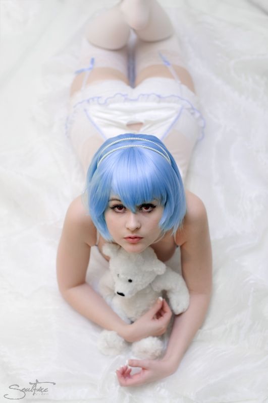 1girl ass blue_hair cosplay cute female female_only legs lingerie negligee neon_genesis_evangelion pale petite red_eyes rei_ayanami solo solo_female stockings suspenders teddy_bear white youronlydoll
