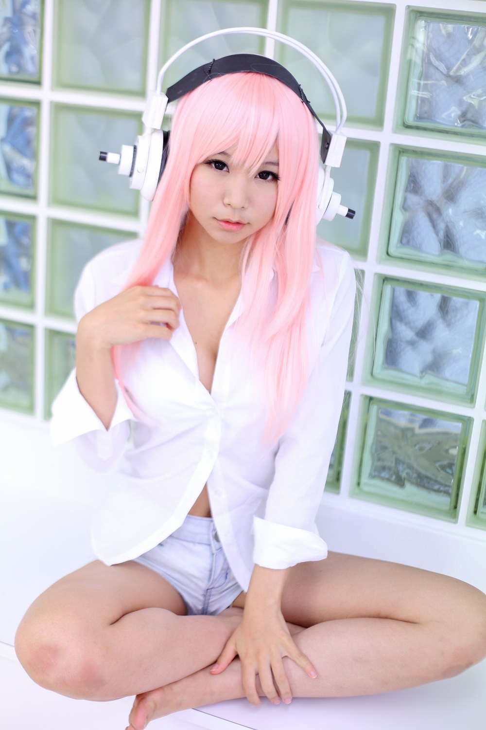 asian breasts cosplay female itsuki_akira long_hair pink_hair solo