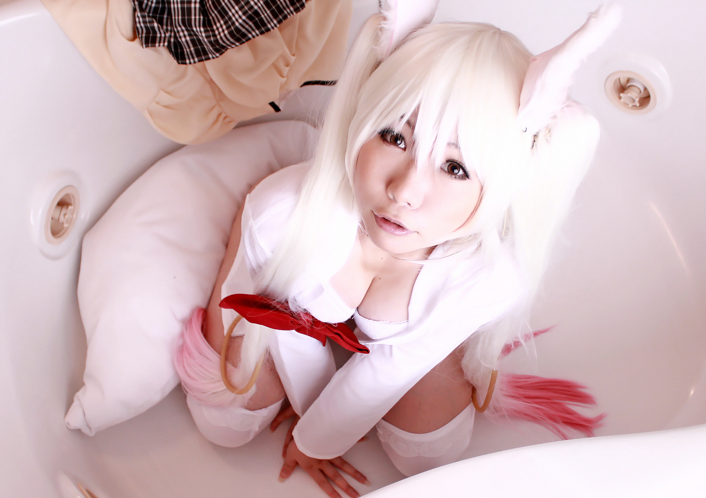 animal_ears asian breasts cosplay female high_heels long_hair no_panties shoes socks solo twintails white_hair