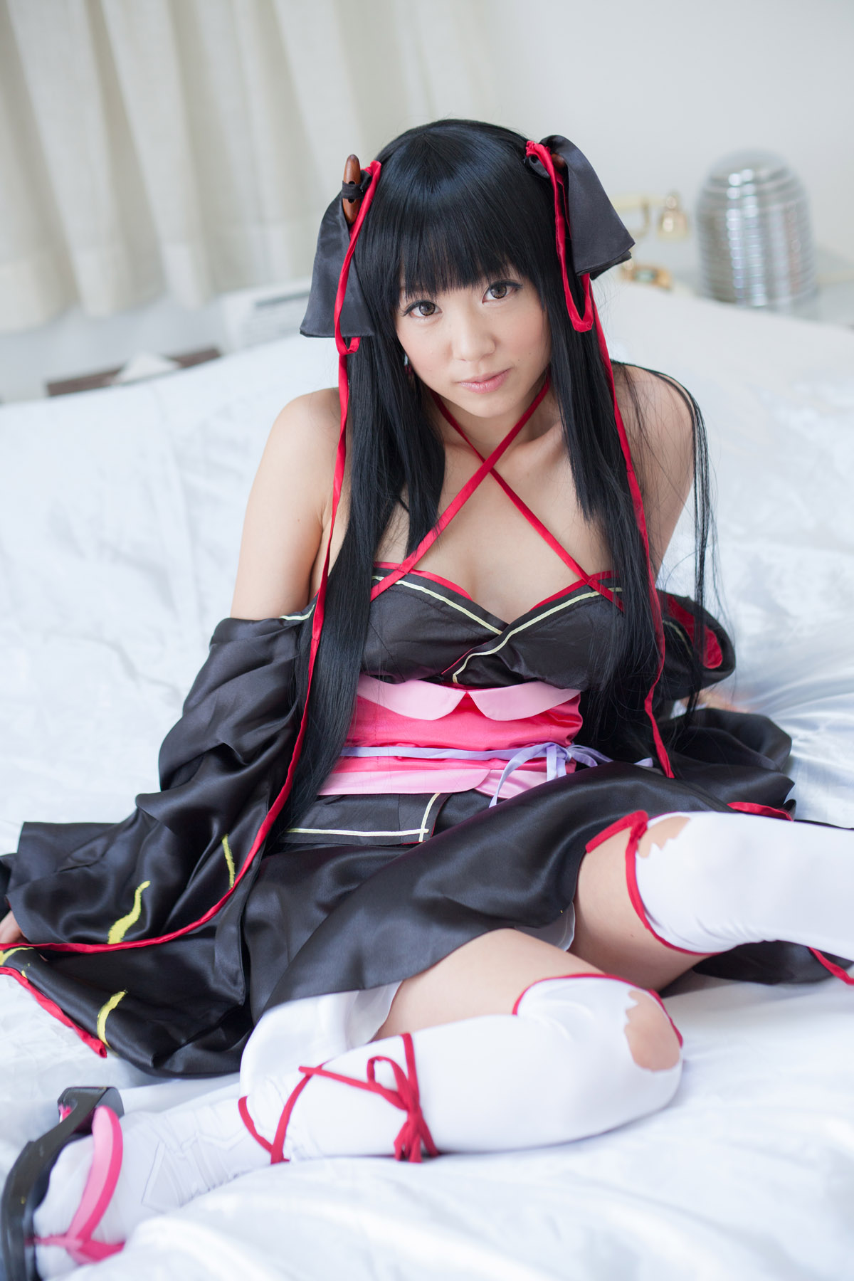 asian bare_shoulders black_hair breasts cosplay dress female long_hair shoes socks solo