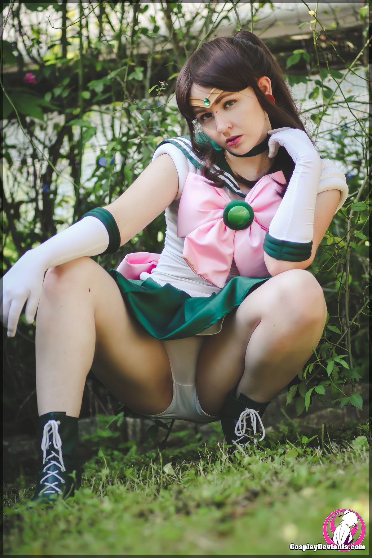 1girl bishoujo_senshi_sailor_moon boots choker clothed cosplay cosplaydeviants female female_only gloves lip_piercing makoto_kino non-nude nose_piercing outside panties piercing raen sailor_jupiter sailor_moon sailor_scout solo squatting upskirt white white_panties