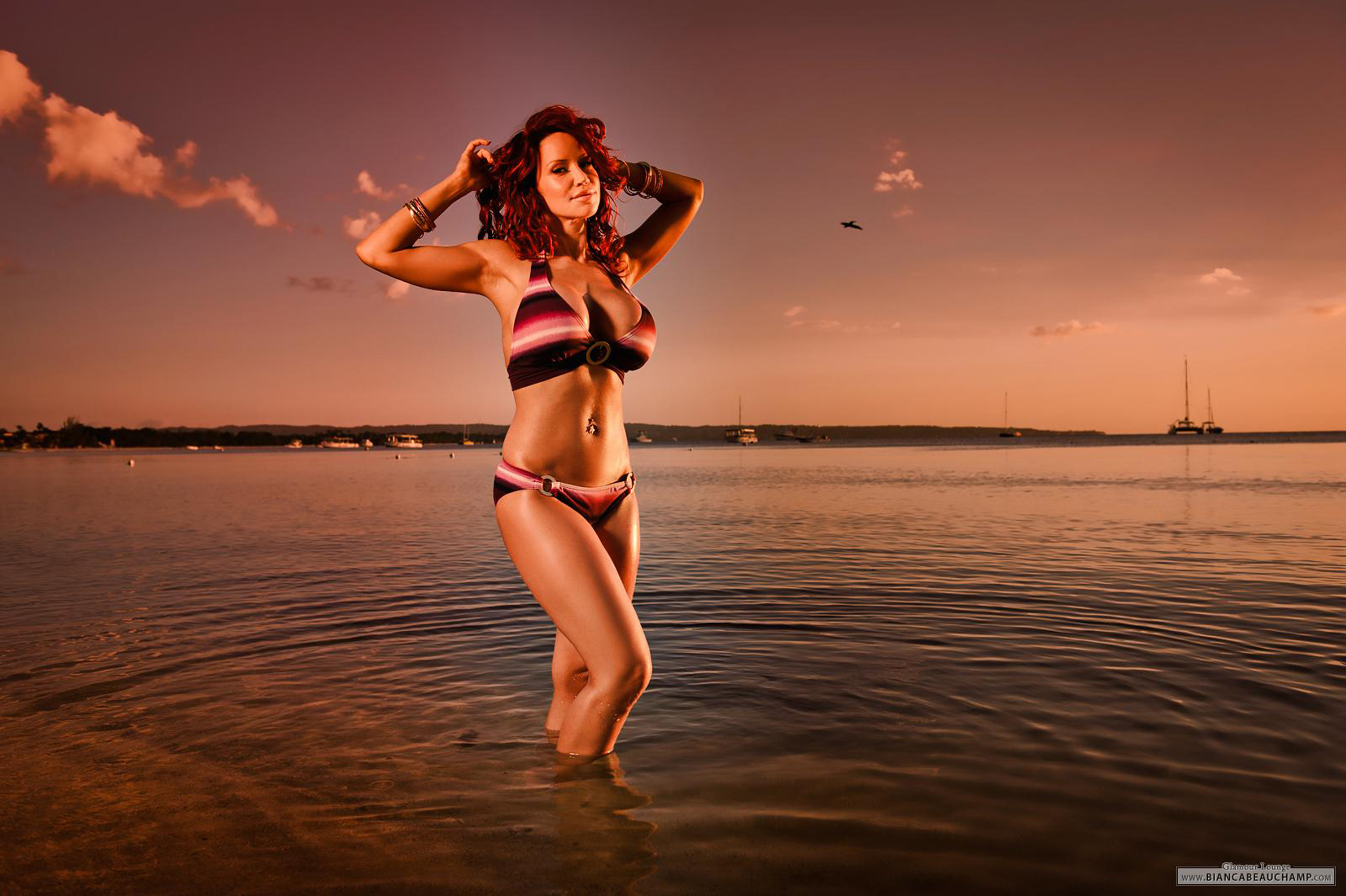 armpits arms_up bianca_beauchamp breasts female large_breasts long_hair red_hair solo water watermark wet