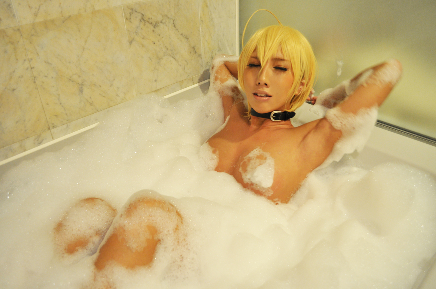 arms_up asian bathtub bed blonde_hair breasts collar eyes_closed female large_breasts lying nonsummerjack nude short_hair soap solo water wet