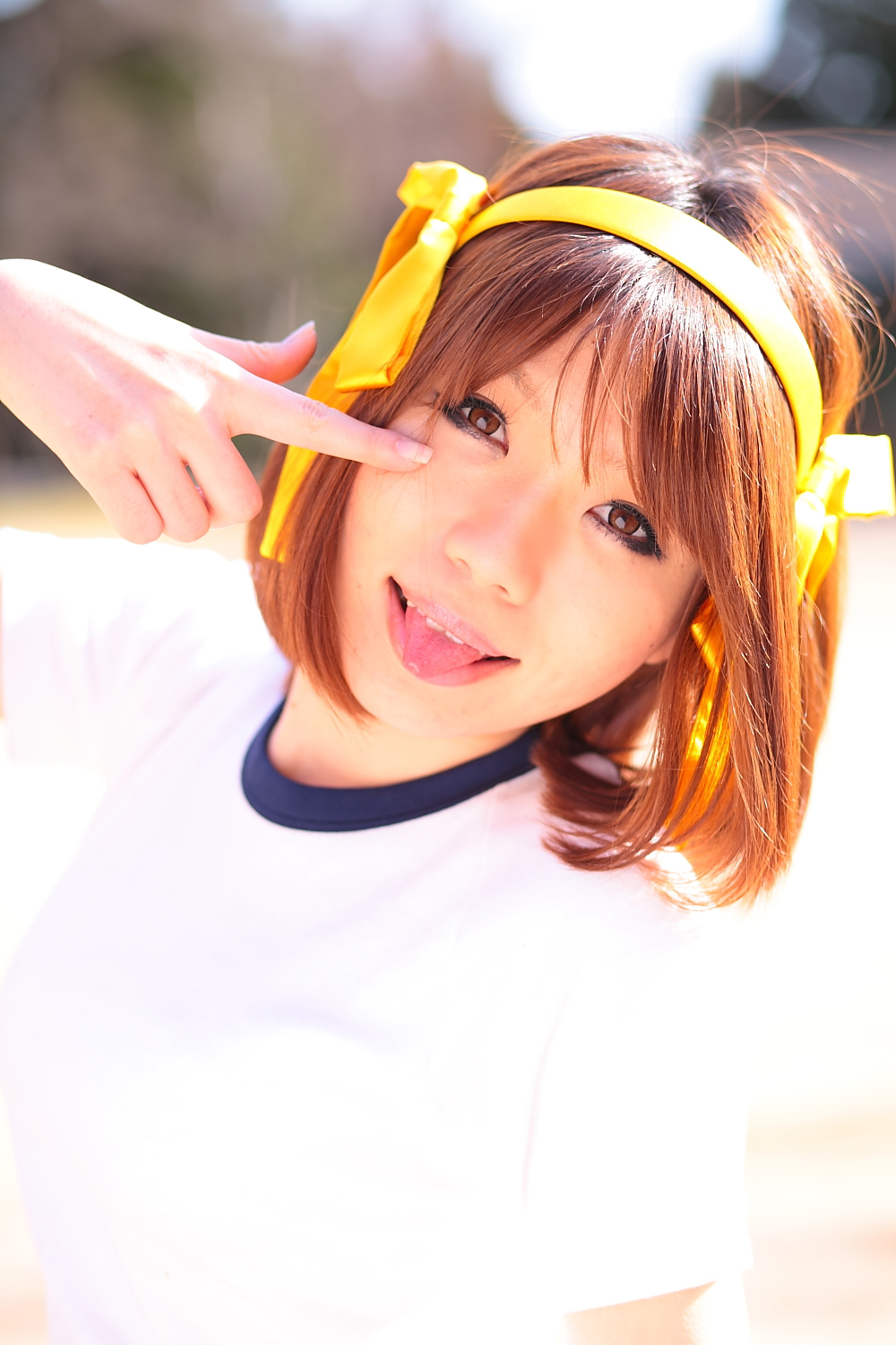 asian breasts brown_hair cosplay female hairband shoes short_hair socks solo